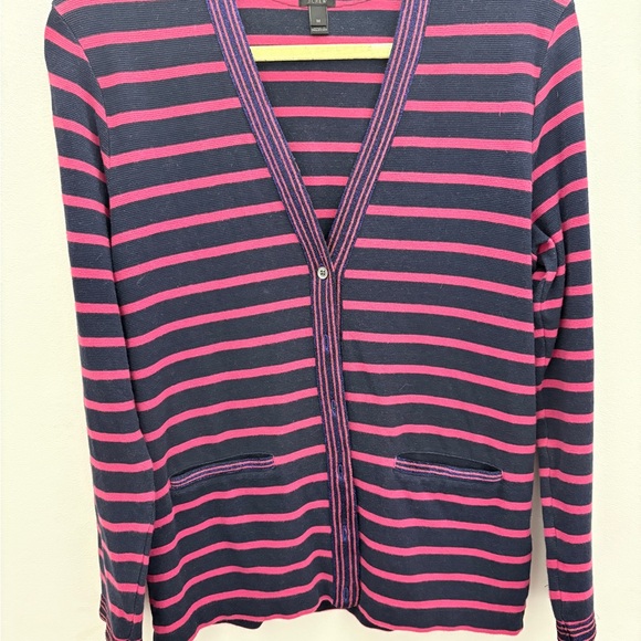 J. Crew Sweaters - J. Crew Navy and Hot Pink Striped V-Neck Cardigan
